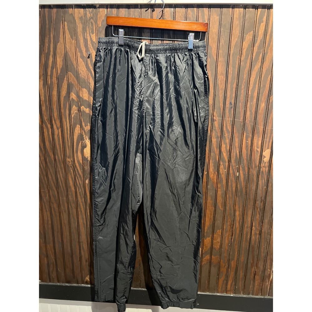 Mens Black Nylon Track Pants Elastic Waist Windbreaker Joggers Inseam 32